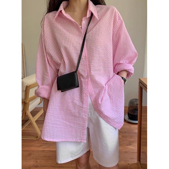 Áo Sơ Mi Nữ Kẻ Đuôi Tôm Kẻ Xốp Trơn Vải Xốp - Ao somi dài Tay dáng Thụng - AAG99 - SM003