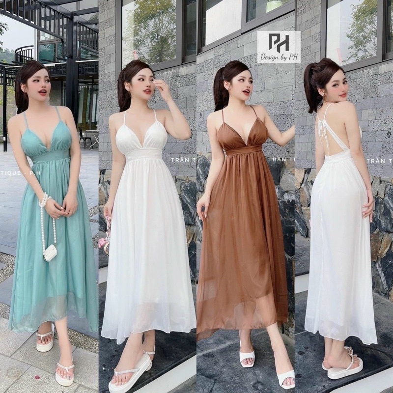 Đầm maxi voan tơ xoè 2 dây hở lưng ngực Xanh ngọc Trắng Nâu Đầm váy đi chơi dạo phố du lịch đi biển hotgirl tk sexy
