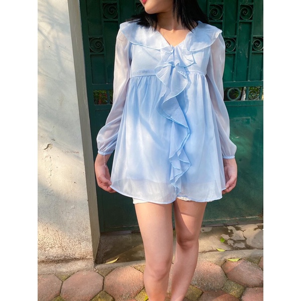 Áo babydoll sơ mi voan bèo xanh tiểu thư điệu đà Maitrangshop92 – (TTA88)