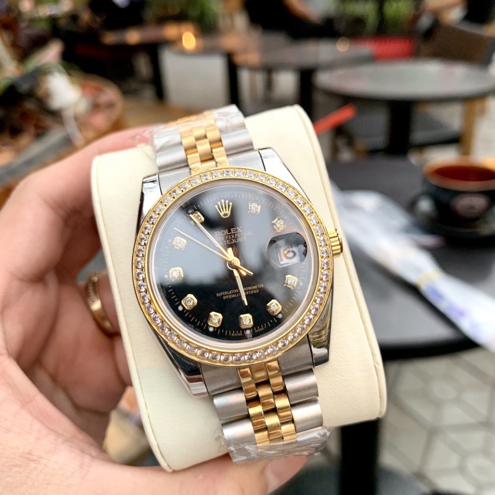 Đồng Hồ Nam RoLex DayJust Sapphire RA25 Mặt ĐEN viền đá Máy cơ Automatic Nhật
