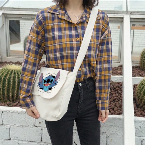 Túi vải đeo chéo đi học thêm in hình Stitch - Túi vải canvas phong cách hàn quốc Ulzzang