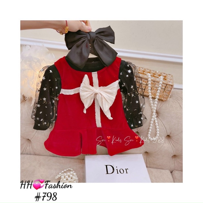 Set váy nhung đỏ kèm áo phối tay voan chất đẹp bé gái diện tết noel