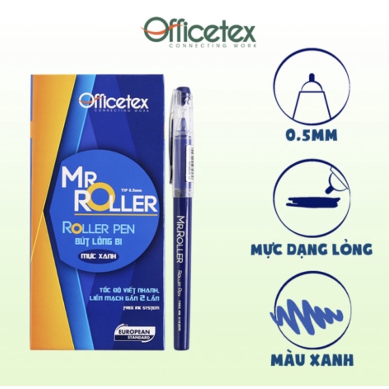 Bút lông bi Officetex mực xanh Mr.Roller OT-RP0001BU (6 cây)