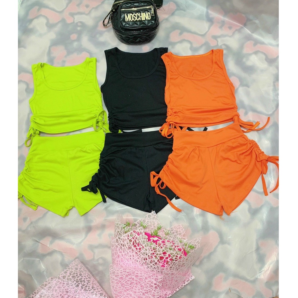 Set bộ nữ áo 3 lỗ croptop phối quần rút dây đùi thể thao chất vải thun Borip