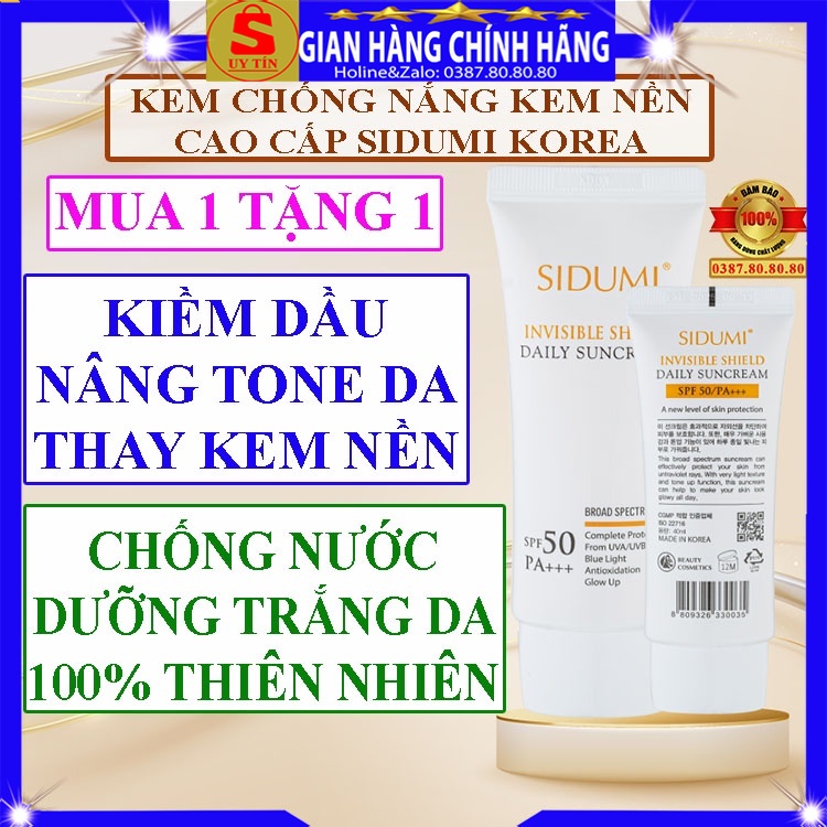 Kem chống nắng kem nền kiềm dầu nâng tone da vật lý loại tốt chính hãng Sidumi hàn quốc cho da dầu mụn nhờn khô nhạy cảm