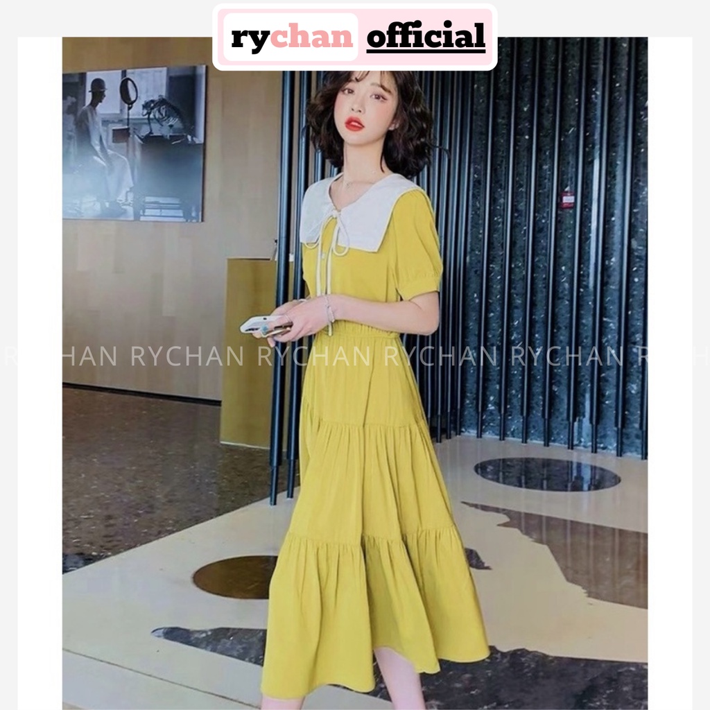 Đầm Váy Nữ Dự Tiệc Dáng Dài 3 Tầng Cổ Trắng Thắt Nơ Bo Eo Phong Cách Quý Cô Màu Vàng - DX9848