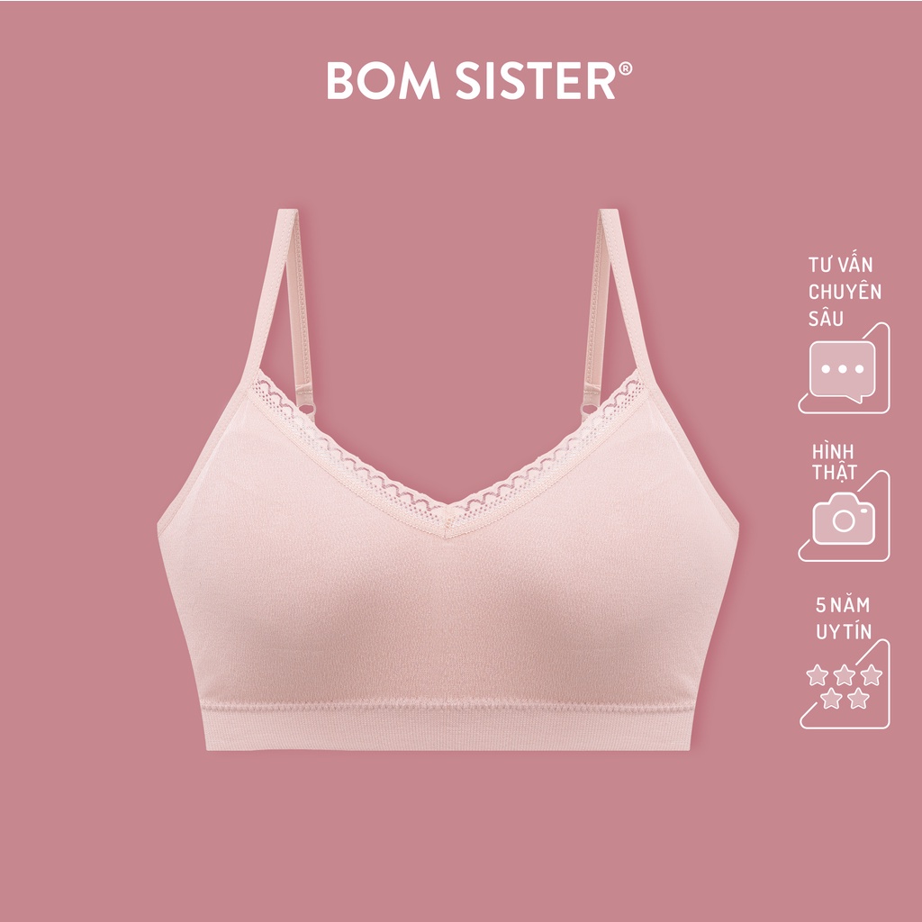 Áo lót thể thao không gọng cotton viền ren màu trơn nâng ngực tự nhiên BOM SISTER BR1005 - Hàng mới về
