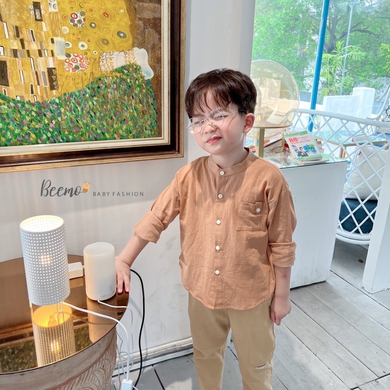 Áo sơ mi đũi cổ tàu bé trai