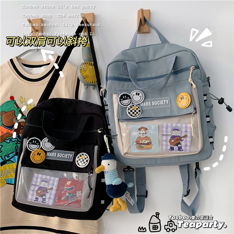 BALO MINI VỪA ĐEO CHÉO VỪA ĐEO 2 BÊN DECOR DÂY PHẢN QUANG KÈM HÌNH CUTE, MÓC KHÓA GẤU TRẮNG VÀ HUY HIỆU - ORDER 10 NGÀY
