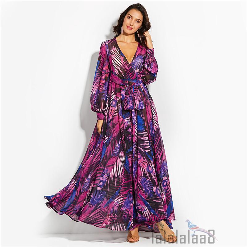 Đầm dáng rộng tay dài cổ chữ V in hoa thời trang cho nữ | BigBuy360 - bigbuy360.vn