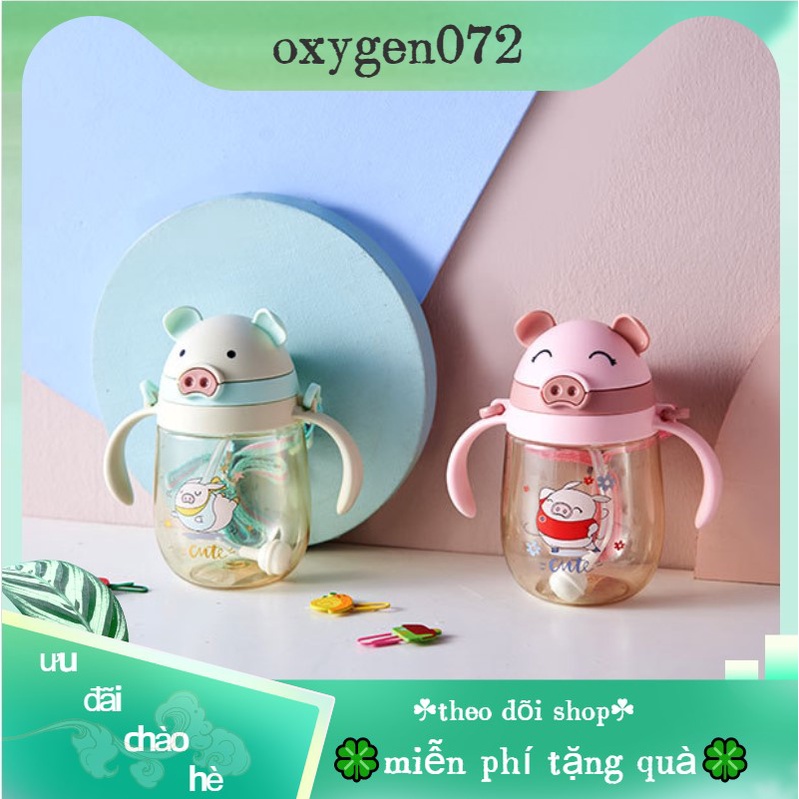 Oxygen072 Cốc Uống Nước Bình nước Tay cầm đôi Cốc rơm bằng nhựa 350ml với dây đeo có thể điều chỉnh cho trẻ em