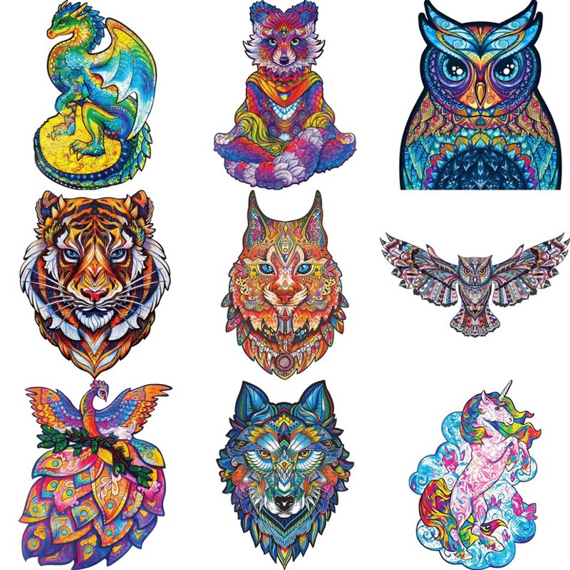 Bộ xếp hình gỗ, ghép hình Puzzle con vật tổng hợp - Cáo, Chó, Hổ, búp bê Squiz game