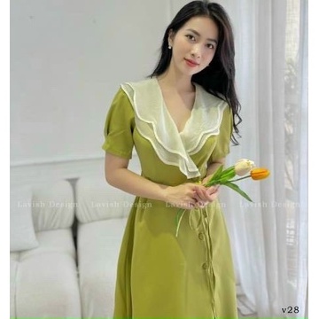 Váy đầm dáng suông phối voan tơ cài nút bọc xẻ tà dáng tiểu thư phong cách thời trang nữ thiết kế sang trọng