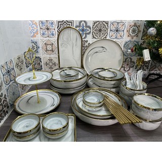 (được mua lẻ) Bộ chén đĩa vân đá loang trắng phong cách tối giản cực đẹp, cực sang