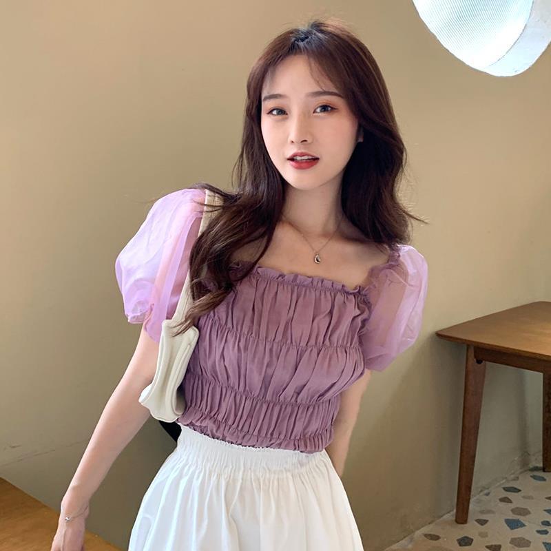 Áo Chiffon Cổ Vuông Tay Phồng Màu Tím Thời Trang Mùa Hè Cho Nữ