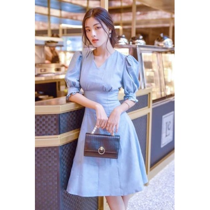 X2 Đầm váy xanh biển cổ V tay xếp li (kèm hình thật) tasa