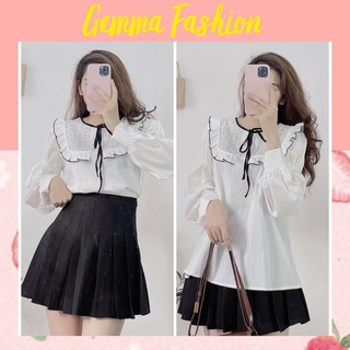 Áo sơ mi trắng - áo sơ mi dài tay viền ren phối nơ đen xinh xắn style Hàn Quốc A047