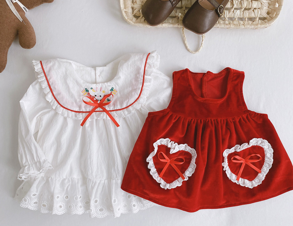 Set Áo Sơ Mi Trắng Tay Dài + Đầm Đỏ Phong Cách Lolita Cho Bé Gái