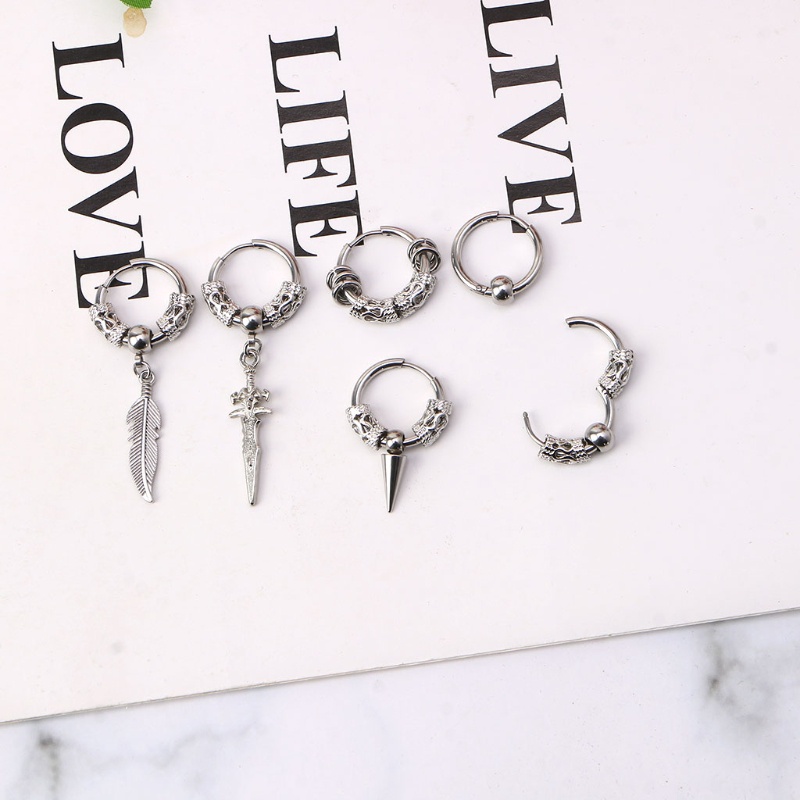 Set 6 Khuyên Tai Tròn Bằng Thép Không Gỉ Họa Tiết Rồng Phong Cách Viking