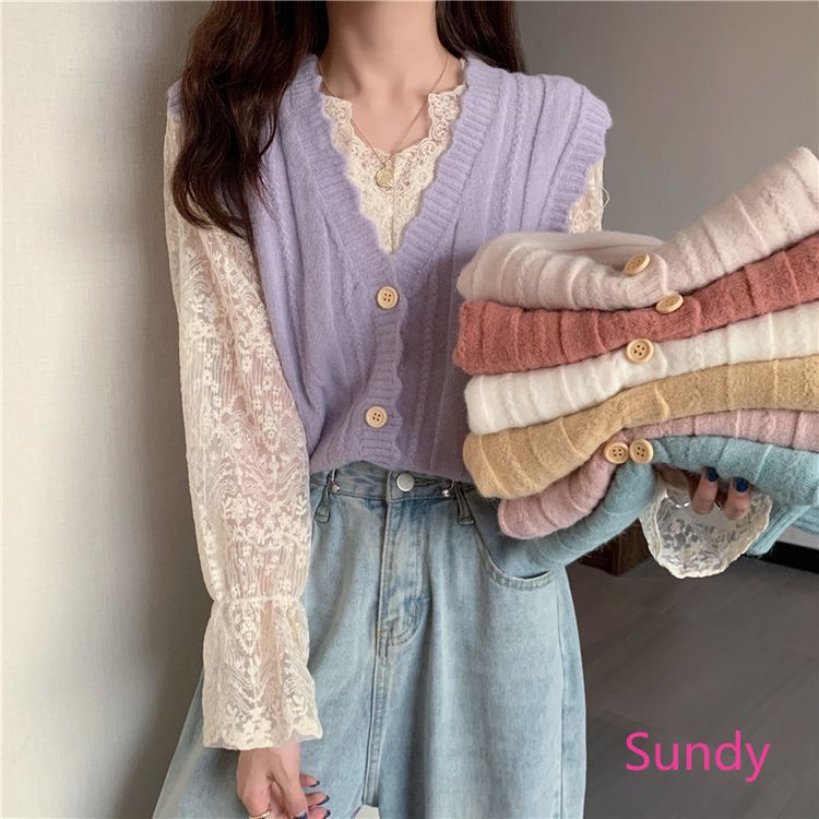 Áo Dệt Kim Sát Nách Cổ Chữ V Phối Ren Thời Trang Mùa Thu Hàn Quốc Cho Bé Gái | BigBuy360 - bigbuy360.vn