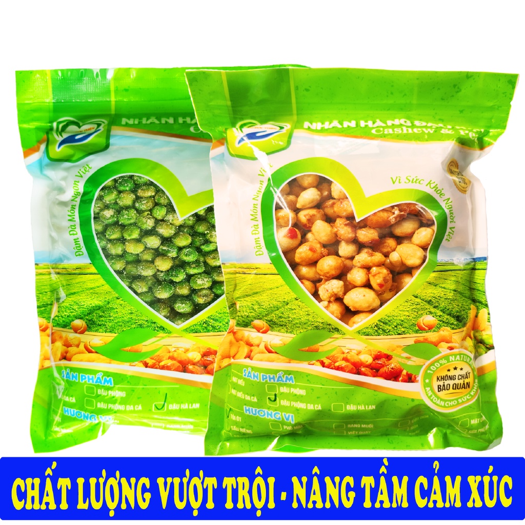 Combo 1KG: Đậu Phộng Da Cá Rang Tỏi Ớt và Đậu Hà Lan Phô Mai Tâm Đức Thiện 2 x Túi 500GR đồ ăn vặt