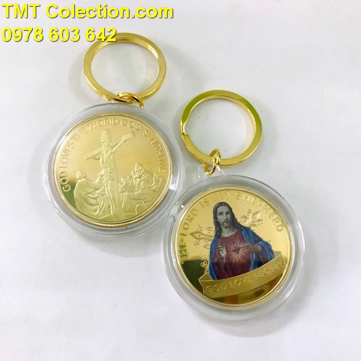 Móc Khóa Xu Thánh Tâm Chúa Giêsu Kitô In Màu Dùng để mang theo trong người, Chất liệu Nhựa acrylic, Niken - SP005206