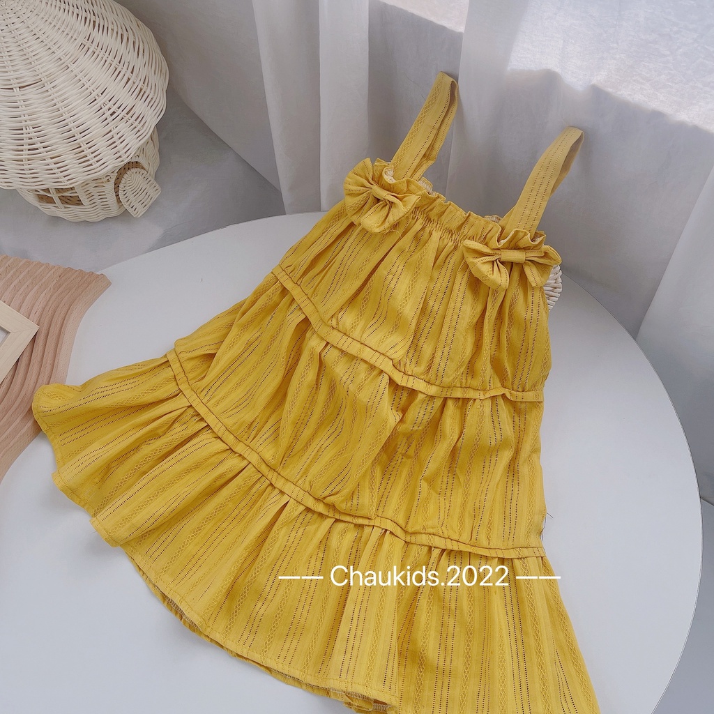 Váy babydoll dáng xòe 3 tầng cho bé gái, váy 2 dây nơ 2 bên chất thô giả 3 tầng cho bé