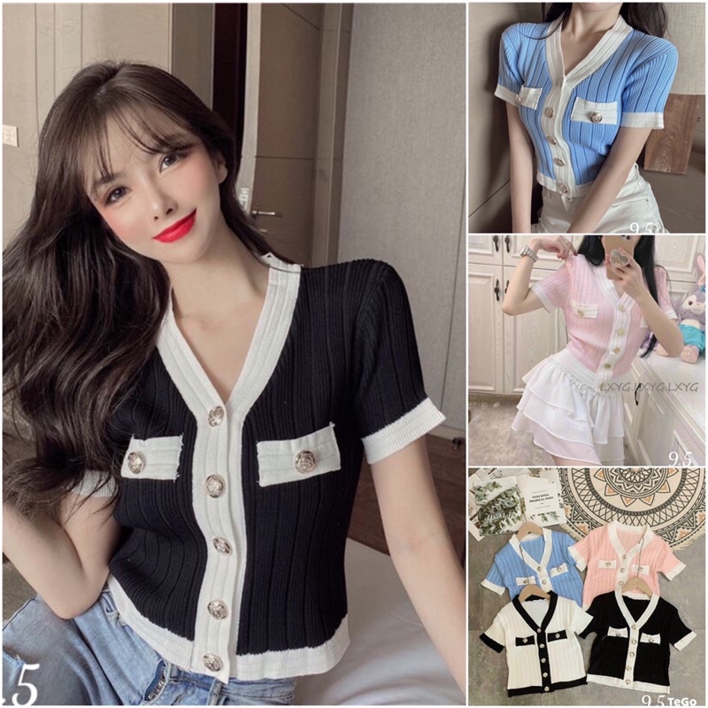 💋FREESIZE💋Áo len cổ tim pha viền(cúc ngọc)hàng qc. Si 97k