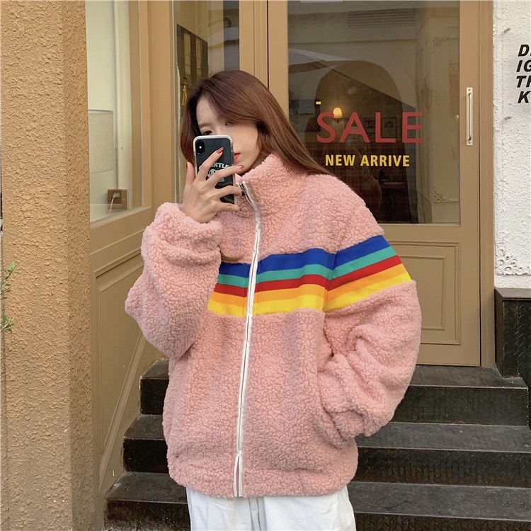 Jiashucheng Áo Khoác Len Lông Cừu Dày Dáng Rộng Màu Cầu Vồng Phong Cách Hàn Quốc Mới