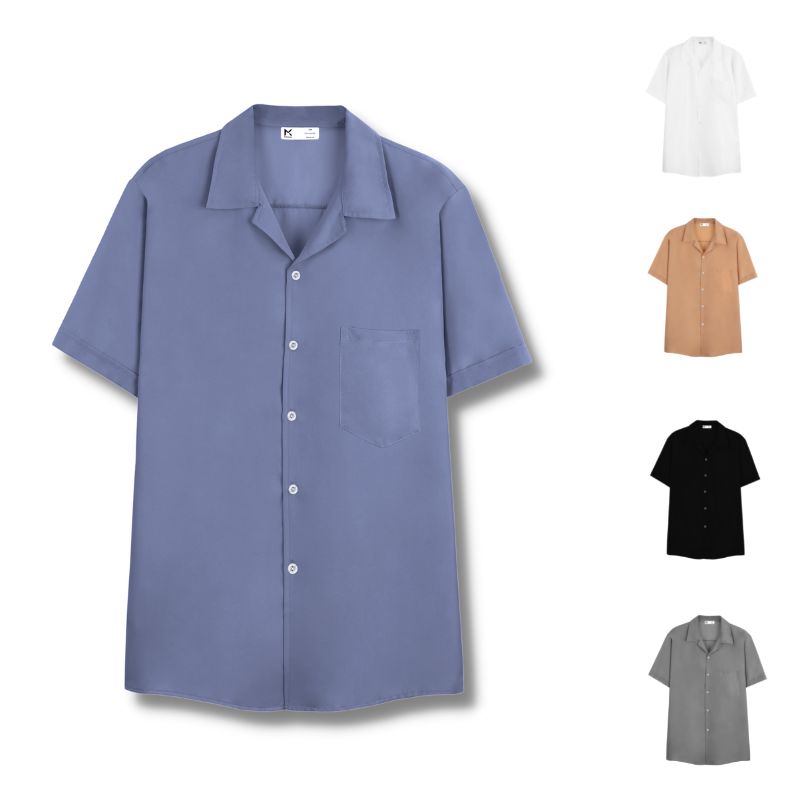 Áo sơ mi nam ngắn tay Cuban Shirt form rộng Túi ngực, cổ vest chất vải lụa mát