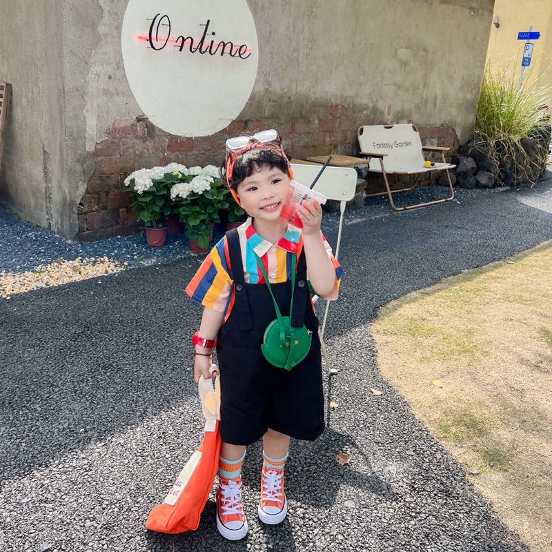 Bộ Áo Sơ Mi Cotton Tay Ngắn + Quần Short Kẻ Sọc Màu Sắc Cầu Vồng Phong Cách Hàn Quốc Thời Trang Mùa Hè Cho Bé Trai