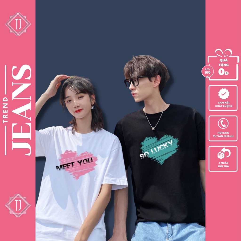 Áo thun đôi nam nữ, áo phông unisex in hình trái tim vải cotton