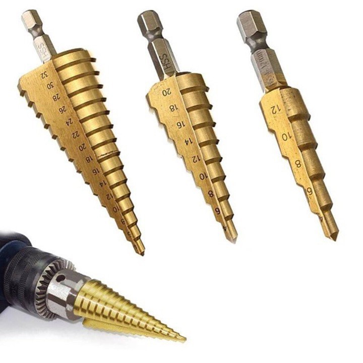3 mũi khoan tháp, bước phủ titan siêu cứng 4-32mm (nhiều cỡ lỗ trong 1 mũi khoan)