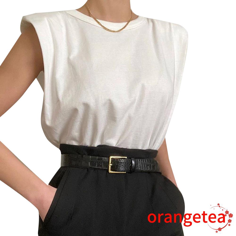 ➤♕❀❤Women Padded Shoulder T-shirts Sleeveless Solid Color Round Neck Top Casual Style Pullover