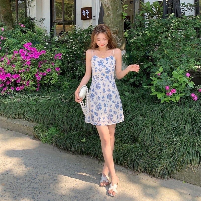 Set đầm hoa + áo khoác xanh