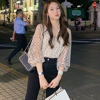Áo sơ mi chiffon tay dài phối ren họa tiết chấm bi thời trang hàn quốc cho nữ