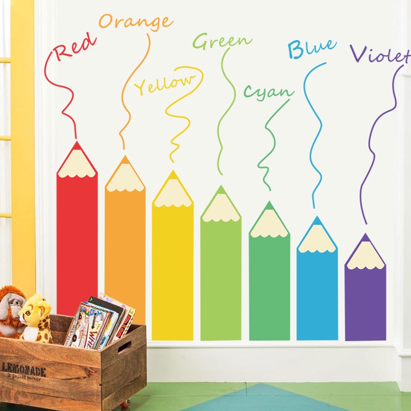 Miếng Dán Tường Hình Bút Chì Hoạt Hình Bảy Màu Sắc Tự Dính Trang Trí Phòng Trẻ Em