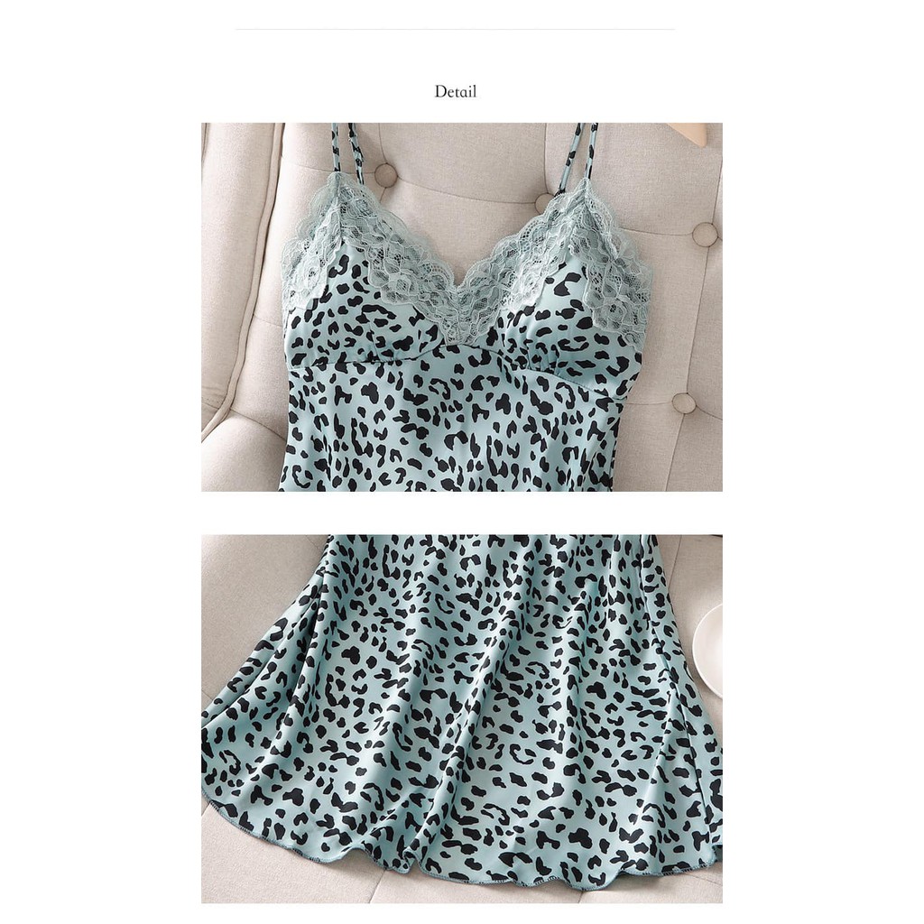 Bộ Pijama lụa siêu nhẹ Quảng Châu cao cấp mặc nhà hai dây quần đùi phối ren họa tiết da báo