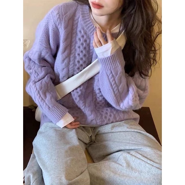 Áo len cổ tròn trơn vặn thừng chất len lông siêu mềm mại form basic phong cách thoải mái thu đông