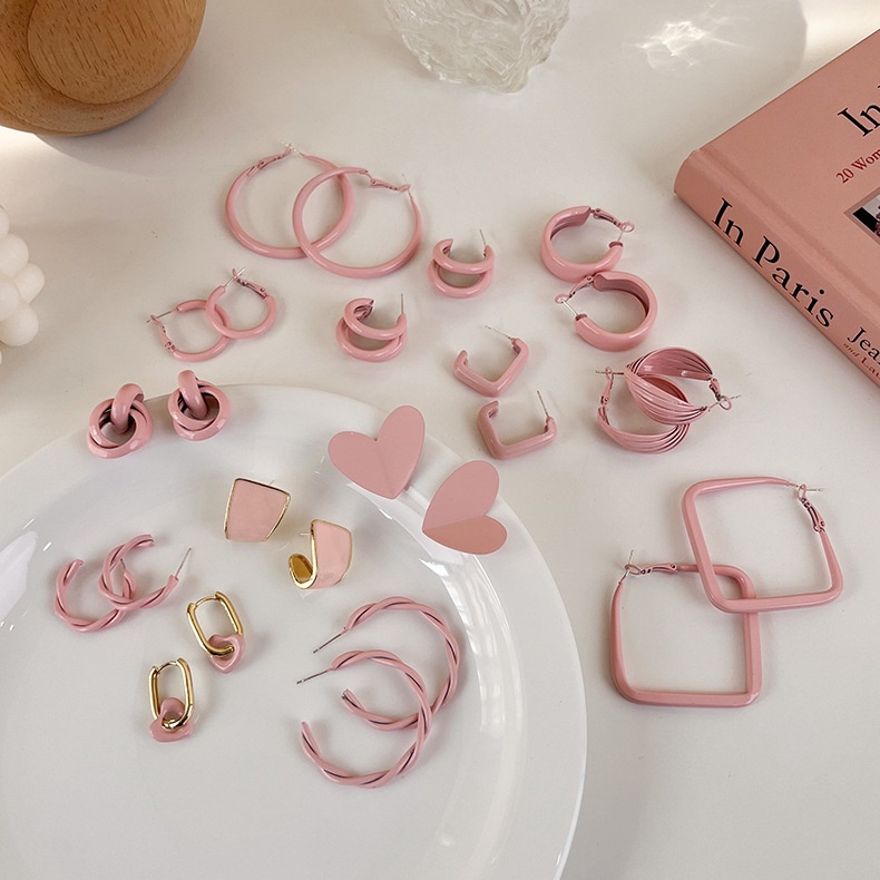 Bông Tai Hình Học Màu Hồng Phong Cách Hàn Quốc Thời Trang Sang Trọng Cho Nữ