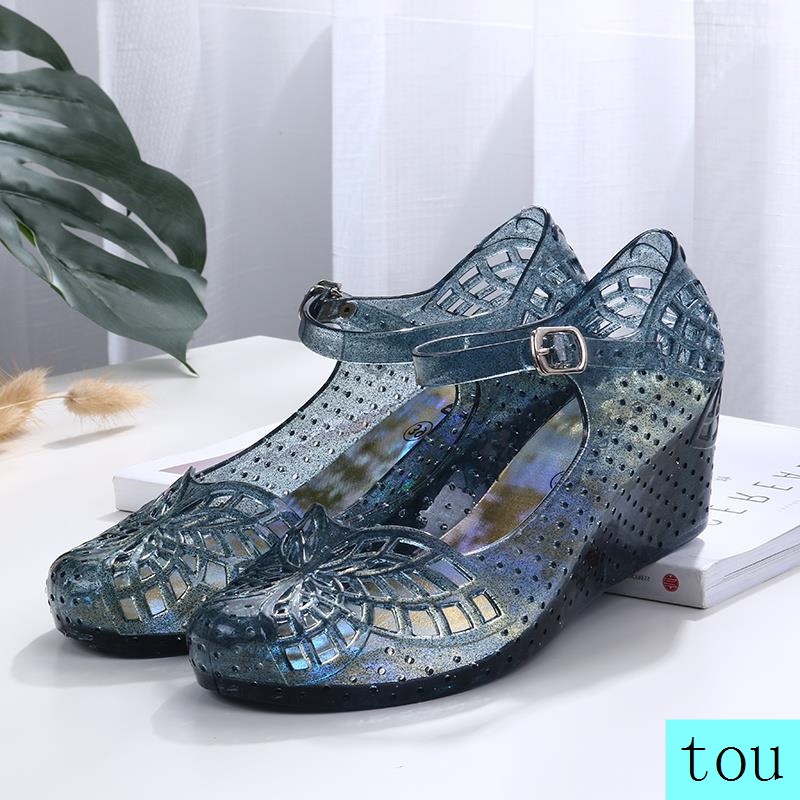 Giày Xăng Đan Jelly Đế Xuồng Chống Trượt Phối Khóa Cài Thời Trang Đi Biển Mùa Hè