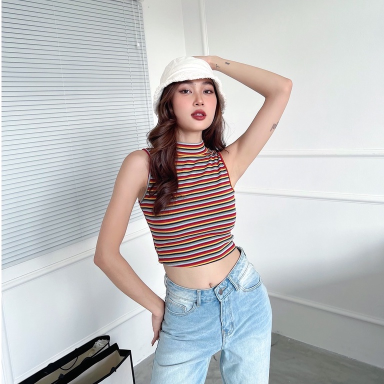 Áo croptop nữ trơn TOPTIFY sát nách cổ lọ thun bo gân co giãn form basic Trip Away Top AC221