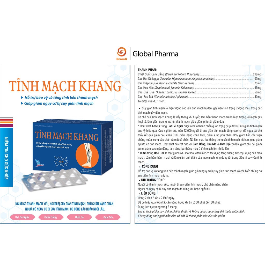 Tĩnh mạch khang AN CHÂU giúp tăng độ bền thành mạch, phòng suy giãn tĩnh mạch hộp 3 vỉ 30 viên -Global Pharma