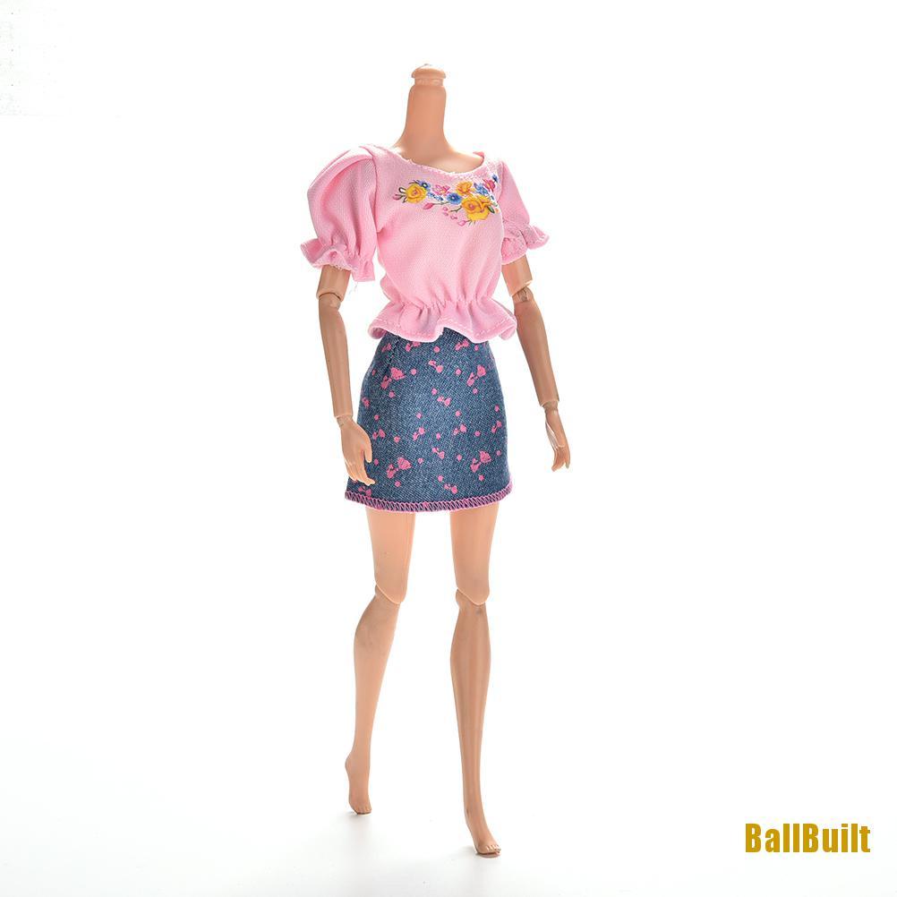 Set 2 Món Áo Thun + chân váy jean Màu Hồng / Xanh Dương Cho Búp Bê Barbie