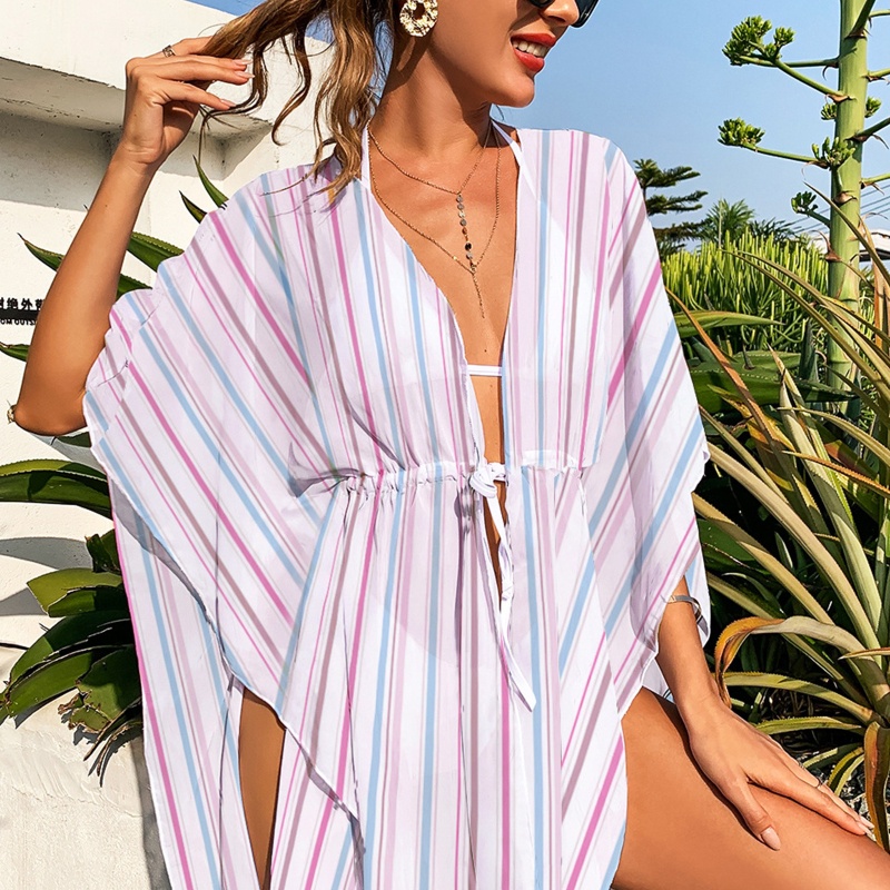 Áo Choàng Cardigan Họa Tiết Kẻ Sọc Dáng Rộng Thời Trang Đi Biển Xinh Xắn Cho Nữ