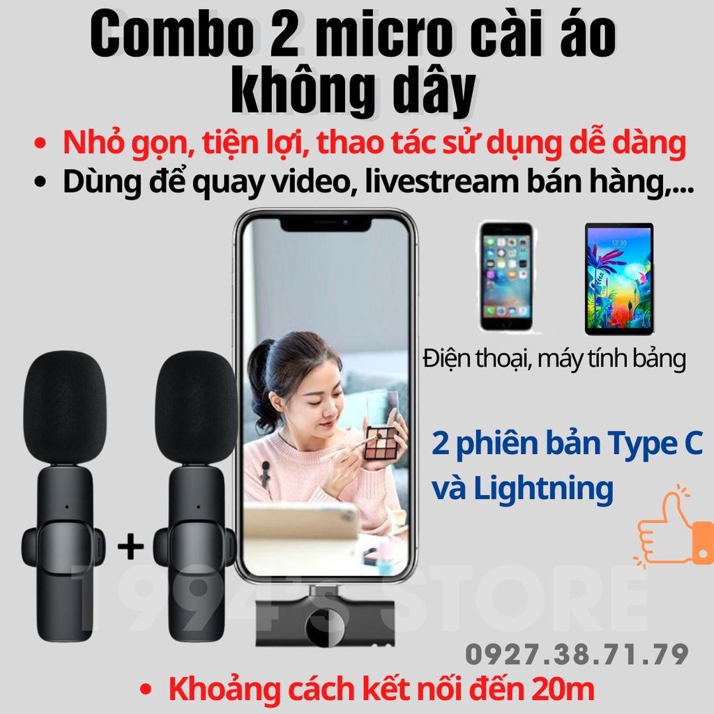 Combo 2 micro cài áo không dây - kết nối 2.4G xa 20m - Dùng để livestream, quay vlog, Tiktok, dạy học Online, bán hàng