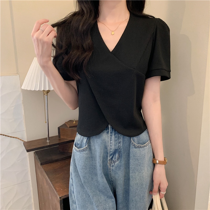 SUXI Áo Tay Ngắn Cổ Chữ V Màu Sắc Đơn Giản Thời Trang Mùa Hè Dành Cho Nữ