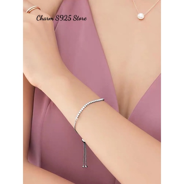 vòng tay pan đính đá trắng khoá tự thu chỉnh bạc s925