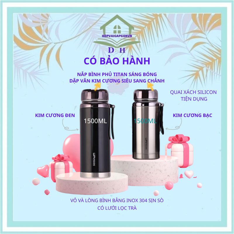 Bình Giữ Nhiệt Cao Cấp Bằng inox 304 Nắp Kim Cương Có Lưới Lọc Trà Và Quai Xách Silicon Tiện Dụng [CÓ BẢO HÀNH ]