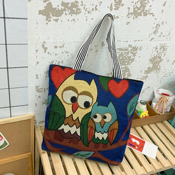 Túi Tote Vải Canvas Thêu Hình Chim Cú Mèo Thời Trang Đeo Chéo GN11-I